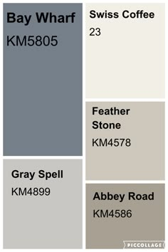 some gray and white paint colors with names on them