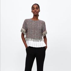 Zara Tweed Top With Pleated Detail Size: S Chic Tweed Tops For Fall, Casual Tweed Tops For Spring, Casual Spring Office Tweed Dress, Casual Spring Tweed Dress For Office, Casual Tweed Dress For Office In Spring, Casual Tweed Dress For Fall Workwear, Elegant Tweed Tops For Fall, Casual Tweed Dress For Fall, White Peasant Blouse