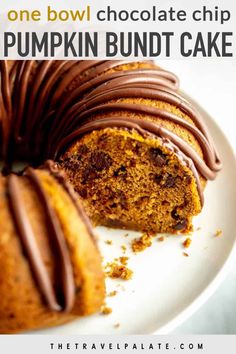 a chocolate chip pumpkin bundt cake on a white plate