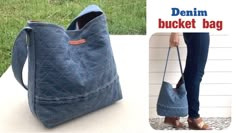 an image of a woman carrying a denim bag