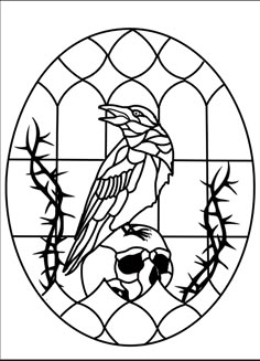 a stained glass window with a bird on it