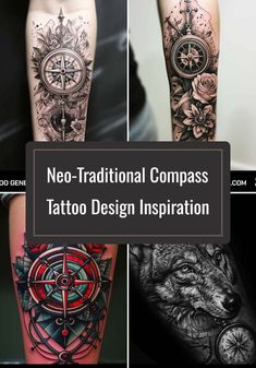 some tattoos that are all different colors and designs on their legs, with the words neo - traditional compass tattoo design inspiration