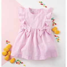 Seersucker Dress Features Flutter Ruffle Sleeves, Tacked Waist Bows And Pearlized Button Back Closure. Cute Ruffled Seersucker Dresses, Cute Seersucker Dresses With Ruffles, Striped Ruffle Dress For Playtime, Cute Gingham Seersucker Dresses, Sweet Gingham Dress With Ruffles, Striped Seersucker Dresses With Ruffles, Cute Seersucker Summer Dresses, Pink Ruffled Seersucker Dresses, Cute White Seersucker Dress