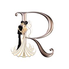 a bride and groom kissing in front of the letter r