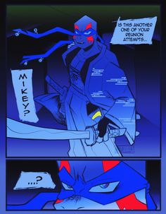 an image of a comic strip with blue and red colors on it, one panel shows the