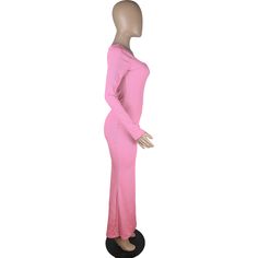 Personality Pit Strip Solid Color Long Sleeve Dress Long Solid Dresses For Day Out, Solid Long Dresses For Day Out, Pink Stretch Long Sleeve Maxi Dress, Pink Stretch Maxi Dress With Long Sleeves, Pink Long Sleeve Maxi Dress For Day Out, Spring Long Solid Bodycon Dress, Camo Jumpsuit, Summer Tie Dye, Dress Item