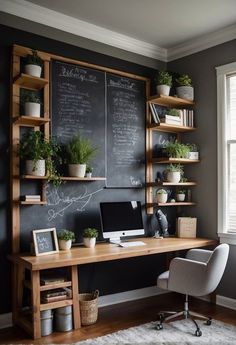 a desk with a computer on it in front of a chalkboard and potted plants