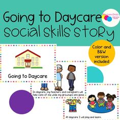 the cover of going to daycare social skills story, with pictures of children and adults