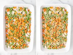 two pictures of peas and carrots in a white dish