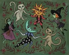 an image of cats and witches dancing in the air with sun on their head, moon on their back