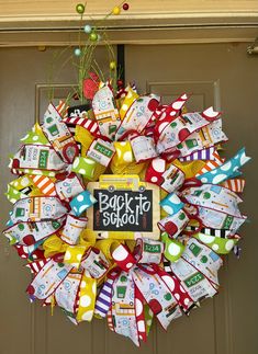 a back to school wreath hanging on the front door