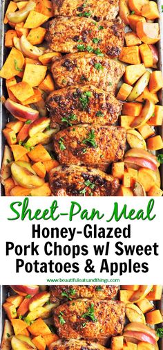 sheet pan meal with honey glazed pork chops, sweet potatoes and apples