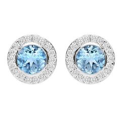 18ct White Gold 0.54ct Aquamarine Diamond Stud Earrings FEU-1523 | C W Sellors Fine Jewellery White Gold Stud Earrings, White Gold Earrings Studs, White Gold Studs, Halo Stud Earrings, Diamond Glitter, Gold Stud Earrings