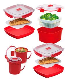 red plastic food containers with lids and dividers on the sides, set against a white background