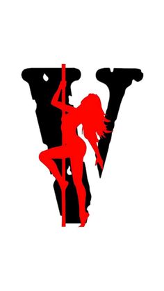 the silhouette of a woman in red and black on a white background, with the letter v