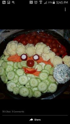 an image of a plate of food with vegetables in the shape of a clown face