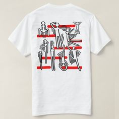 a white t - shirt with red and black graphic on it