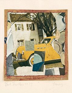 an altered photograph of a yellow car parked in front of a house