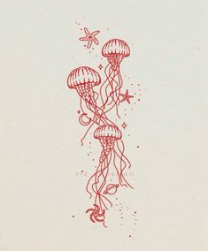 a drawing of jellyfish in red ink on white paper with a butterfly flying above it