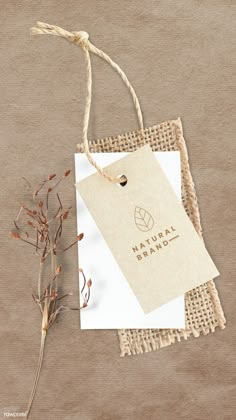 a paper bag and some dried plants on a brown surface with the tag hanging from it's side