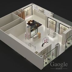 an overhead view of a house with the kitchen and living room