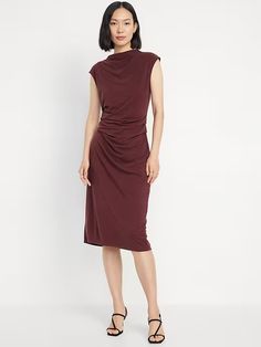 Ruched Midi Dress | Old Navy Rouched Dress, Basic Essentials, Chic Pants, Feminine Blouses, Ruched Midi Dress, Ribbed Midi Dress, Boat Neck, Old Navy, New Arrivals