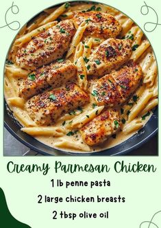 an advertisement for creamy parmesan chicken with pasta and sauce in a skillet