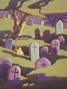 a painting of graves in a cemetery with trees