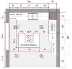 the floor plan for a kitchen with an island, sink and stove top oven in it