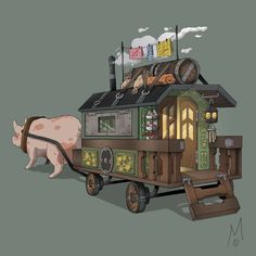 a pig is pulling a house on the back of a cart with other things on top