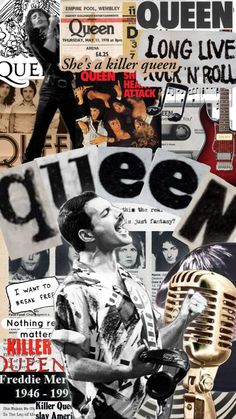 a collage of photos with the words queen and an old microphone in front of them