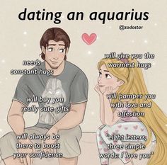 a man and woman sitting next to each other on a bed with the words dating an aquarius