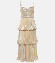 Self Portrait - Gold Metallic Tiered Midi Dress Luxury Embellished Metallic Dress, Nude Metallic Dress, Luxury Metallic Holiday Dresses, Champaign Dress, Metallic Prom Dress, Metallic Prom Dresses, Gold Midi Dress, Top Highlights, Prom Dress Inspo