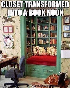 a room with a bookcase and desk in it that says, close transformed into a book nook