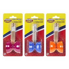 three different colored plastic bows in packaging