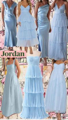 four different styles of blue dresses with ruffles on the bottom, and below