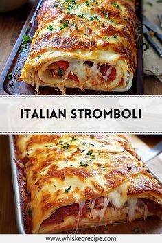 two pictures of different types of food in pans with the words italian stromboli above them