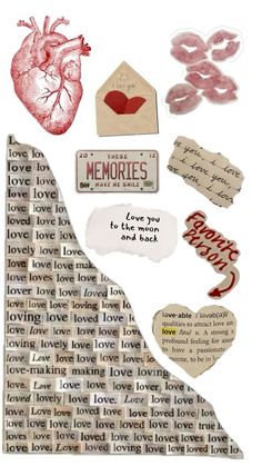 an altered collage with words, hearts, and other things to make it look like someone is in love