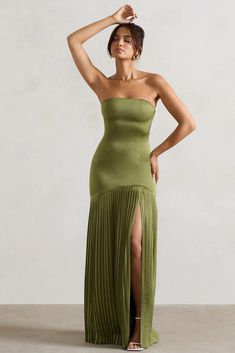 Confidence | Olive Satin Bandeau Pleated Split Maxi Dress Italy Wedding Guest Dress, Bday Dress, Midi Bridesmaid Dress, Maxi Dresses Uk, Maxi Dress Designs, Club L London, Strappy Stilettos, Guest Attire, Wedding Attire Guest