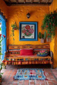 a brightly colored room with potted plants on the wall and a colorful couch in front