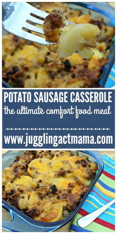 two pictures with different types of food in them and the words potato sausage casserole