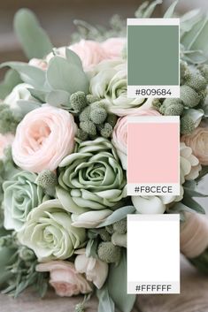 a bouquet with roses and greenery on it is shown in shades of green, pink, and white