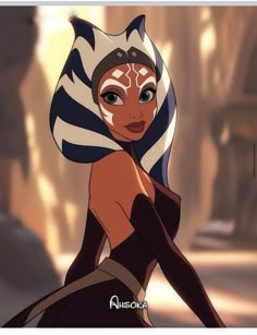 an animated character with blue and white stripes on her face, wearing a headdress