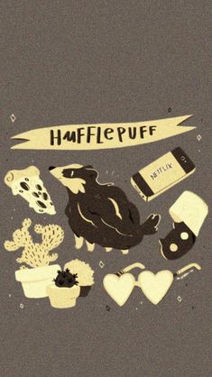 an animal surrounded by plants and other items on a gray background with the words hafflepuff above it