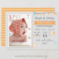 a birth announcement for a baby girl with an orange and blue design on the front