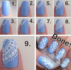 Light Blue Nails, Lace Nails, Winter Nail Art, Cute Nail Art, Fabulous Nails, Cute Nail Designs, Tutorial Diy, Nail Art Inspiration, Nail Art Tutorial