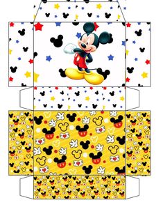 an open box with mickey mouse on it and stars around the edges, all in different colors