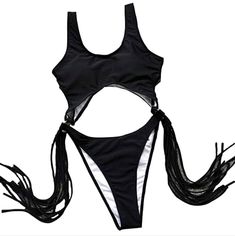 Brand New Allurelove Cut Out Stomach, Cheeky, Fringe, One-Piece Swimsuit, Black, Medium Z4 Black Rave Swimwear For Festivals, Black Bodysuit For Club And Beach Season, Black Sleeveless Swimwear For Party, Rave Party Swimwear For Beach Season, Black Rave Swimwear, Black Party Swimwear Beachwear, Black Beachwear Swimwear For Party, Black Swimwear For Beach Season And Club, Black Swimwear For Club During Beach Season