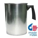 a stainless steel coffee mug with black handles and handle is shown in front of an american flag sticker