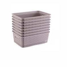 a gray plastic basket with holes on the front and sides, set against a white background